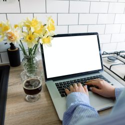 Young woman working on laptop computer, searching, using online web service.